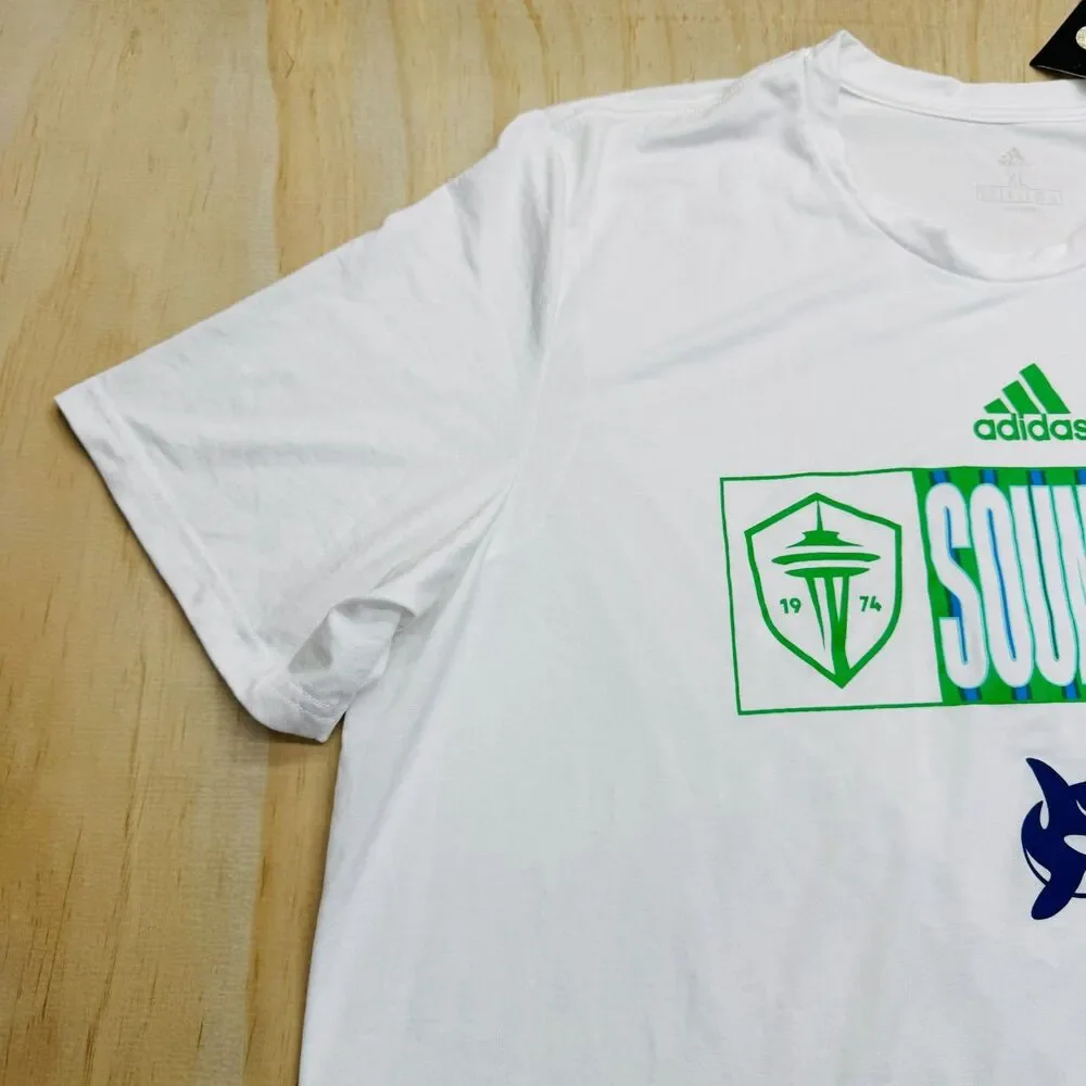 NEW Seattle Sounders FC adidas Pregame Short Sleeve Shirt White Sz XL SLIM Fit
